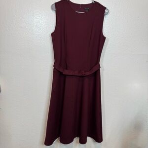 Ann Taylor Sleeveless Fit and Flare Burgundy Belted Dress Size 8
